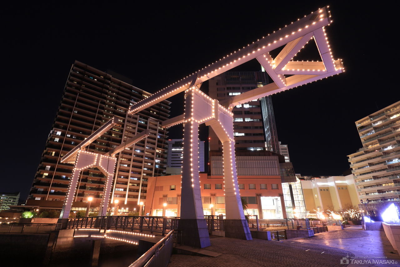 高層マンションとはね橋を見上げる