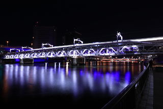 ライトアップされた隅田川橋梁を望む