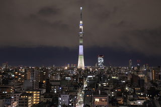 東京スカイツリーのライトアップ「明花」を望む