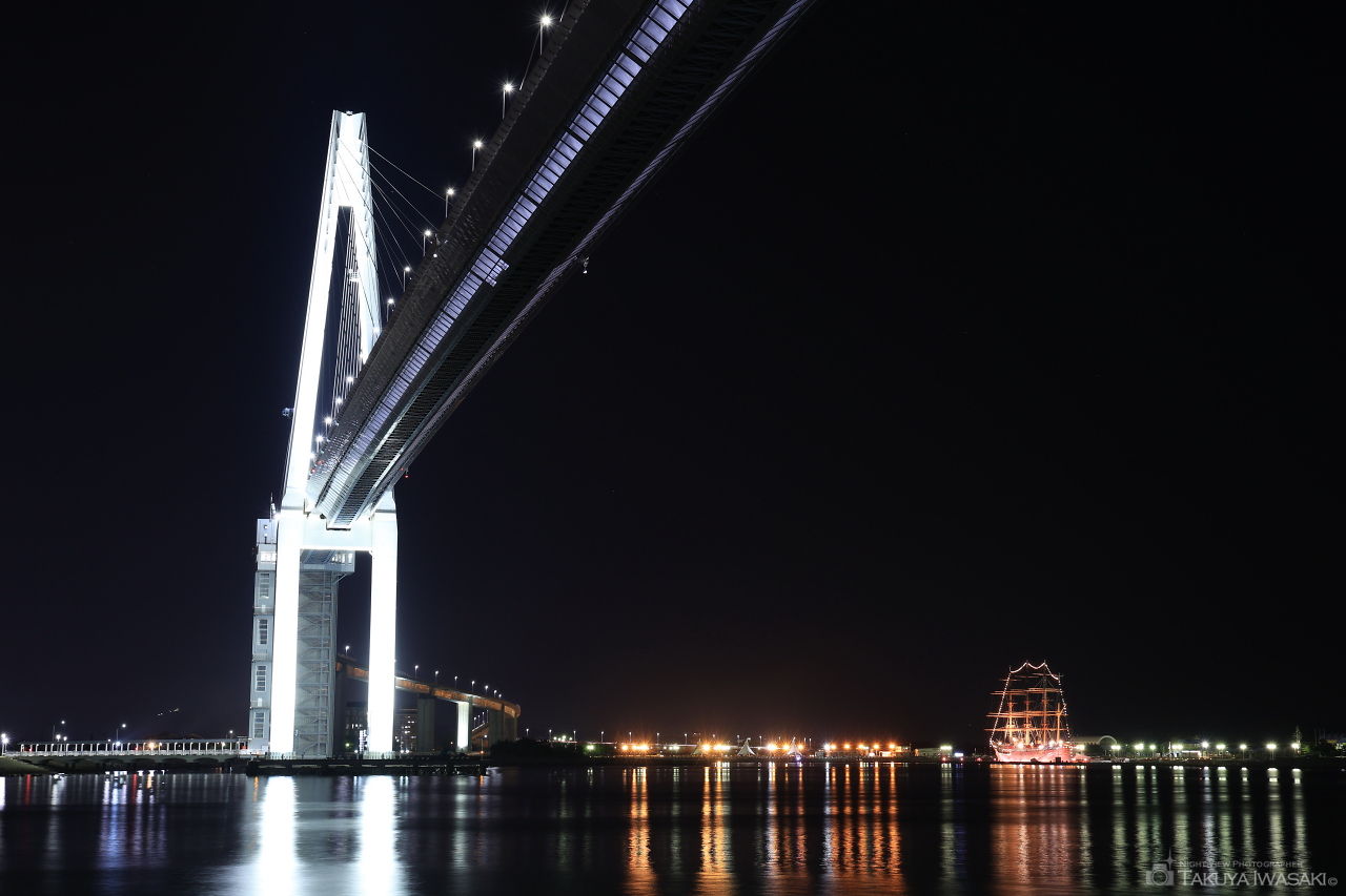 ライトアップされた新湊大橋と海王丸